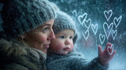 Mother drawing hearts on foggy window while holding baby, joyful winter day