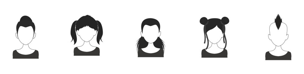 Black hair vector icon set. Men and Women Hairstyle Icon. Female faces sign symbol. Women side face with hair care icon