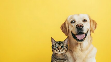 Playful dog and cat companions sitting together on a yellow background