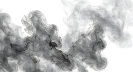 Abstract Grayscale Smoky Swirls Against a White Background with Wispy Textures and Dynamic Flowing Design