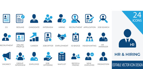 A modern and professional set of HR and hiring vector icons featuring resume, candidate, interview,  job search, and more. Ideal for recruitment platforms, HR software,  and job portals