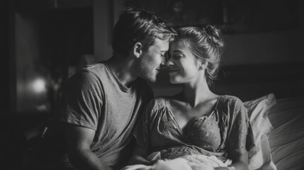 Loving parents cuddling baby on hospital bed post birth