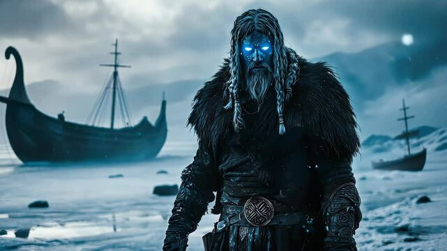 Viking warrior with glowing eyes walks on mystical nordic shoreline