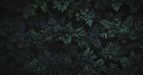 Dark, moody foliage pattern; rich greens and blacks, stylish design , dramatic, vibrant, elegant