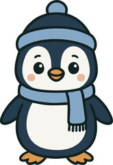 A cute cartoon penguin wearing a dark blue winter hat with a light blue brim and pompom, and a matching light blue scarf. 