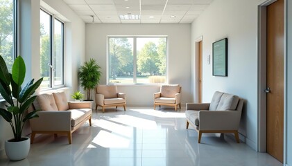 Fototapeta premium A clean, modern doctor's office waiting area with comfortable seating and natural light , laminate, doctor's office
