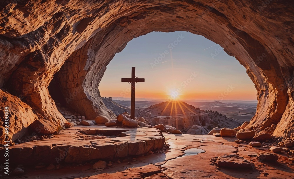 Poster cross is in the middle of a cave with a sunset in the background. the scene is peaceful and serene, 