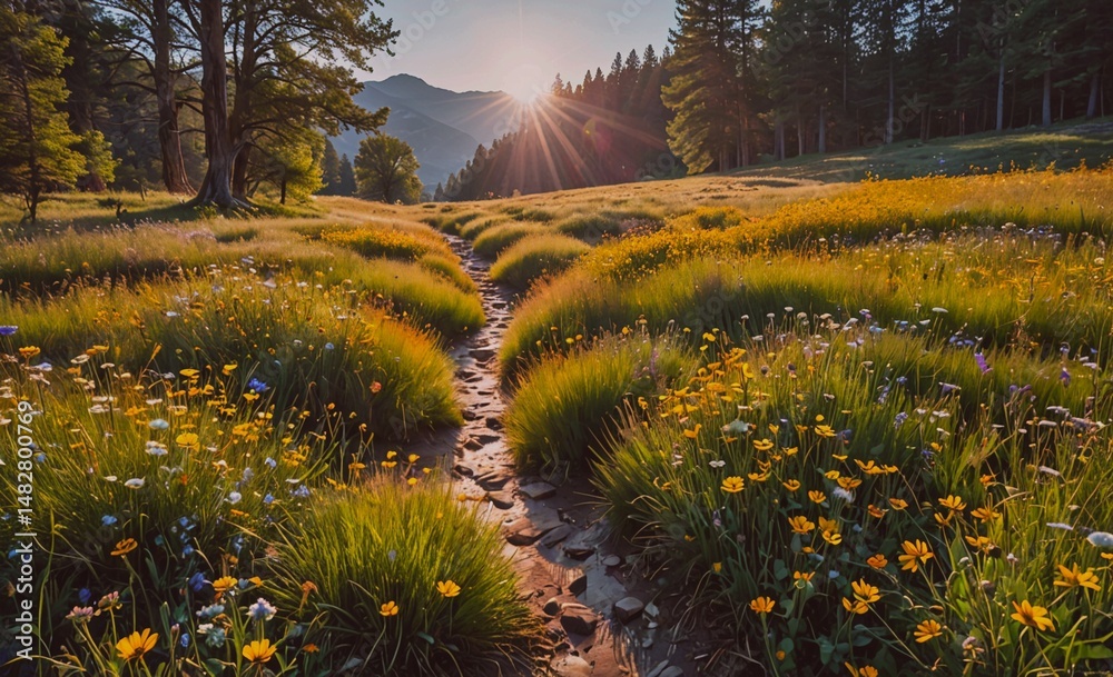 Aufkleber path winds through a field of wildflowers. the sun is shining brightly, casting a warm glow over the