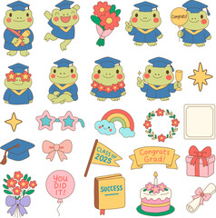 Frog graduation stickers featuring cheerful frogs in caps and gowns, celebrating success