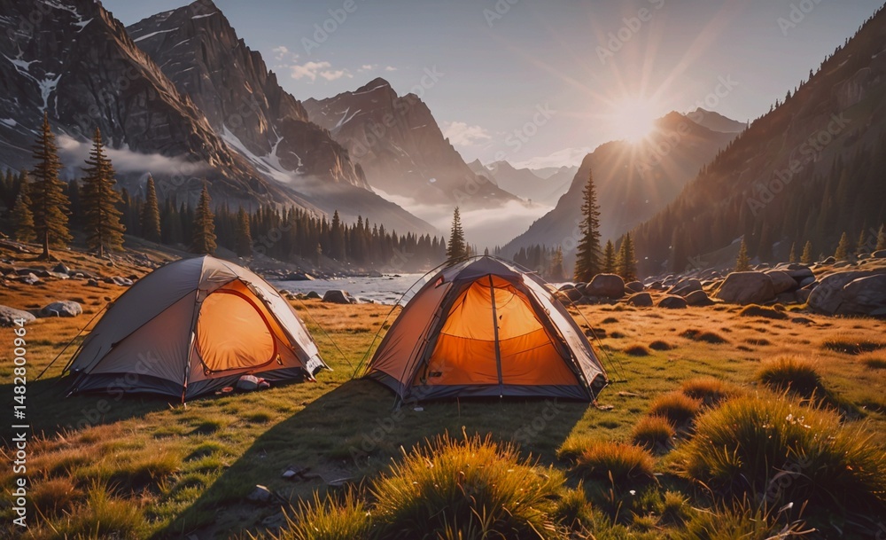 Aufkleber Two tents are set up in a grassy field with mountains in the background. The sun is shining brightly, creating a warm and inviting atmosphere. Concept of adventure and relaxation
