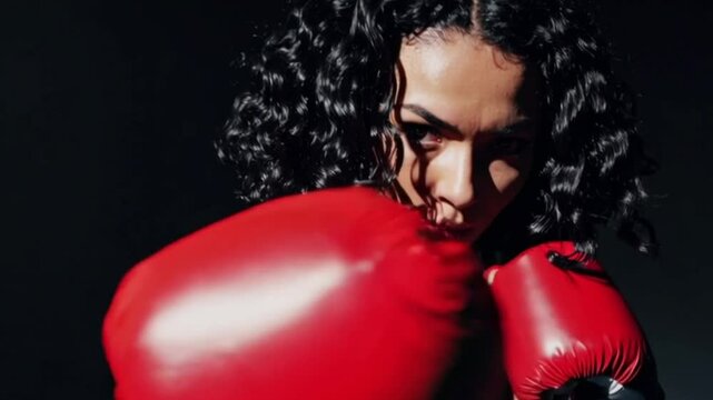 Close-up of determined female boxer throwing powerful punches with red gloves 