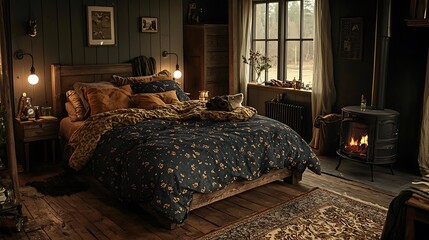 Cozy Bedroom Interior with Fireplace, Floral Bedding, and Rustic