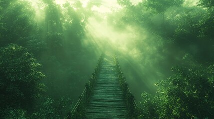 Misty forest path.  Wooden bridge through lush greenery