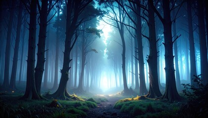 Enigmatic path through an ethereal forest illuminated by otherworldly light