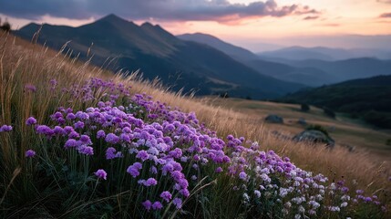 Obraz premium Blowing in the wind through dreamy grass and flower field concept. A scenic view of blooming flowers against a mountain backdrop.
