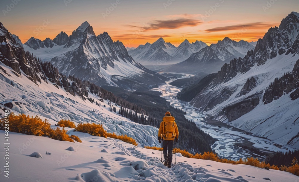 Poster Man in a yellow jacket is walking on a snowy mountain trail. The mountains in the background are covered in snow and the sky is a beautiful orange and pink color. Concept of adventure and exploration