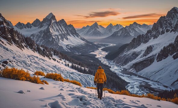 Man in a yellow jacket is walking on a snowy mountain trail. The mountains in the background are covered in snow and the sky is a beautiful orange and pink color. Concept of adventure and exploration