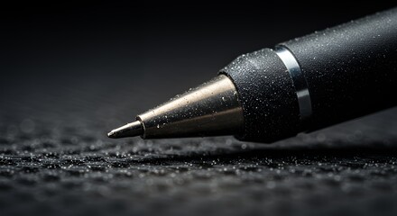 Macro Photography of a Pen Tip with Water Droplets on a Dark Surface: A Study in Texture and Detail