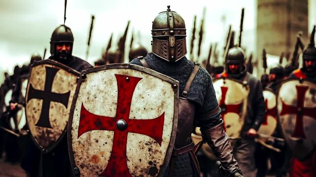 A group of knights with shields and swords in a line