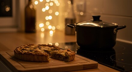 Rustic apple pie with a slice missing on a wooden board next to a pot