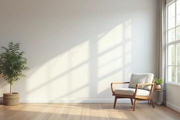 Living room interior with a blank wall on the left, cozy furniture, and a large window. Modern design with natural light and wooden flooring. 3D Rendering with copy space