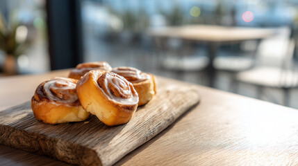 明るい窓際カフェで味わうシナモンロールの時間 | 木製ボードの質感