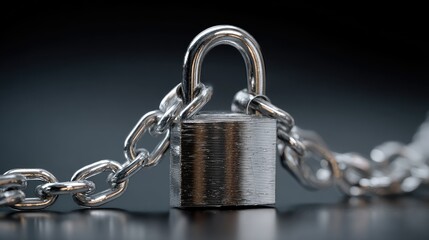 A heavy-duty steel padlock with a shiny surface secured to a chain, under direct light for emphasis