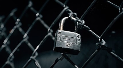 A high-security padlock with a unique design locked onto a steel fence, against a dark, dramatic background
