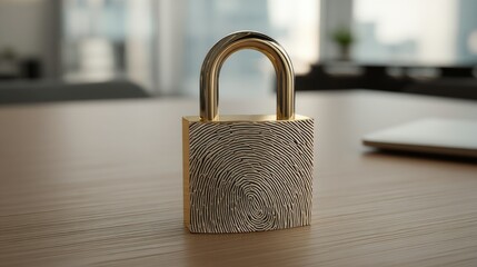 A padlock with a fingerprint scanner, symbolizing advanced security technology in a modern workspace