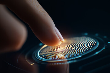 Human finger touching a digital fingerprint scanner representing biometric authentication