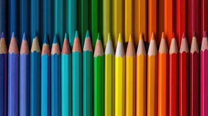 A rainbow of colored pencils arranged in a straight line, placed on a canvas for a bright, artistic effect