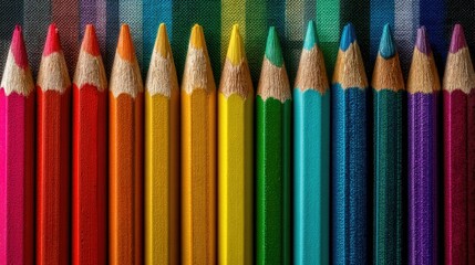 A rainbow of colored pencils arranged in a straight line, placed on a canvas for a bright, artistic effect