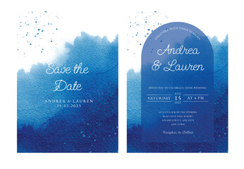 set of blue abstract splash watercolor wedding invitation template