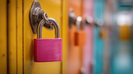 A single, brightly-colored padlock locked onto a locker door with a blurred background, highlighting personal belongings security
