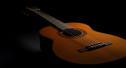 Fototapeta premium Acoustic Guitar Detailed View Isolated on Black Background with Dramatic Lighting
