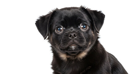 Naklejka premium Adorable Black Puppy Portrait Against White Background with Light Brown Patches and Focused Gaze