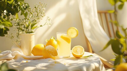 Refreshing Lemonade Displayed on a Table Surrounded by Fresh Lemons and Greenery in a Sunlit Setting, Capturing Summer Vibes and Natural Beauty