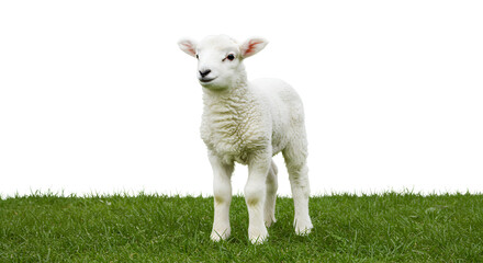 Obraz premium Adorable White Lamb Stands On Green Grass With White Background