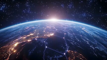 Obraz premium A breathtaking view of Earth from space, showcasing the planet's curvature, city lights illuminating the night side, and a sun rising over the horizon, all against a backdrop of countless stars.