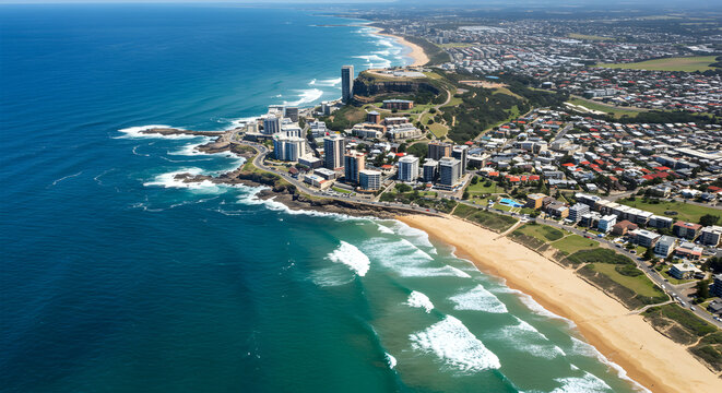 Aerial Coastal City View Featuring Blue Ocean Waves Sandy Beach and Urban Development Under Sunny Sky