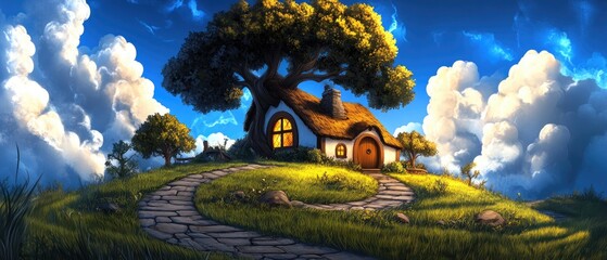 Cozy cottage under tree. Sunlit path, white clouds, green hill, thatch roof, chimney, round door