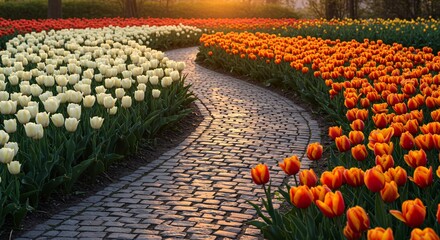 Scenic Tulip Garden Path at Sunset with Colorful Flowerbeds and Cobblestone Walkway