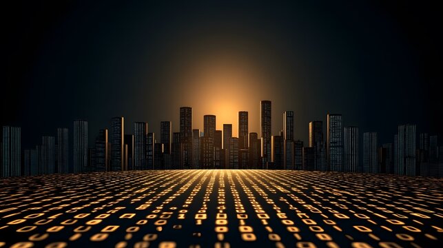 A cityscape at sunset is depicted, with a foreground of a binary code pattern glowing amber.