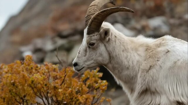 Close-up portrait capturing the subtle details of a Dall sheep's head, showcasing its distinctive horns against a soft blurred background.