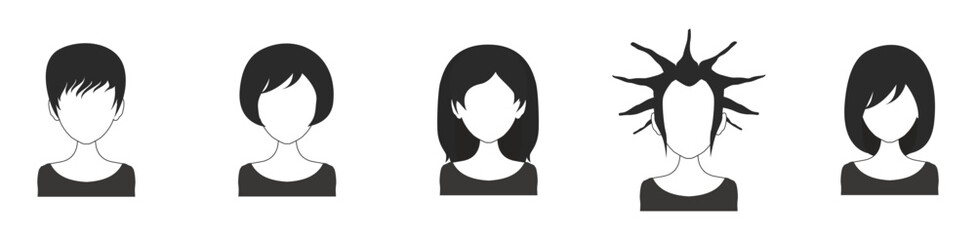 Black hair vector icon set. Men and Women Hairstyle Icon. Female faces sign symbol. Women side face with hair care icon