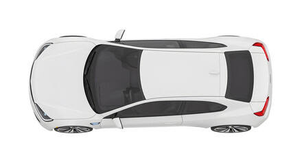 Aerial View of White Car Top Down Isolated on White Background Showcasing Sleek Design and Details