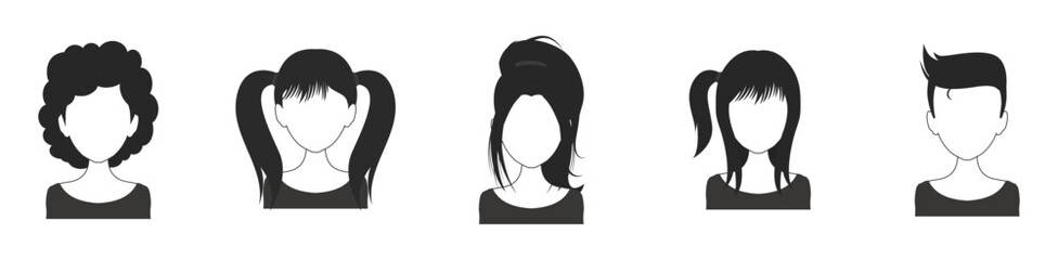 Black hair vector icon set. Men and Women Hairstyle Icon. Female faces sign symbol. Women side face with hair care icon