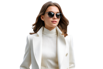 Stylish Woman in White Coat: A young woman exudes confidence and sophistication wearing a chic white coat, turtleneck sweater, and stylish sunglasses.