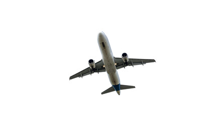 Airplane Flying in Clear White Sky Showing Underside and Engines
