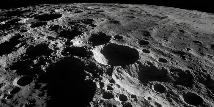 Lunar surface with large craters and shadows in monochrome view
